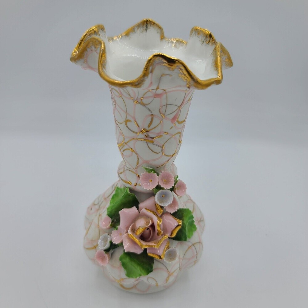 Vintage Lefton China 6.5" Hand Painted Vase With Applied Rose Ruffle Top #70443